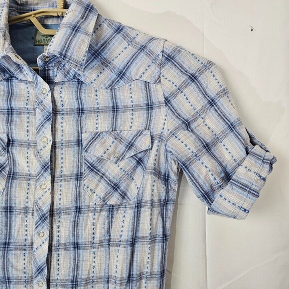 Horny Toad Shirt Dress Womens Small Blue Plaid Button Up Outdoor Belted Tie Knee - Picture 5 of 10
